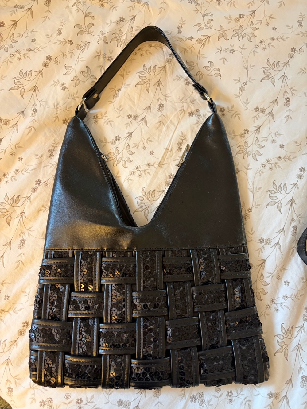 Black Sequins Woven Faux Leather Shoulder Purse Y2K Hobo